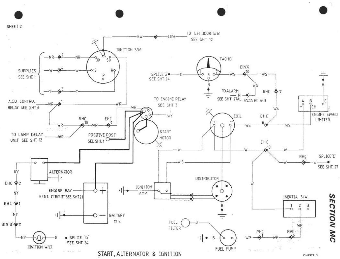 SHEET 2 SUPPLIES SEE SHT.1 NR 2 NR 30 50 P R0 Y 3 Y A.C.U. CONTROL RELAY SEE SHT.6 WR 1 WR RHC 10 WR EHC 9 TO LAMP DELAY UNIT SEE SHT.12 WR WR POSITIVE POST SEE SHT.1 TACHO SPlice G' SEE SHT 24 BINA' 10 WS TO ALARM N SEE SHT 27AL FACIA HC AL3 RHC 7' TO ENGINE RELAY SEE SHT.3 WY START MOTOR COIL EHC…
