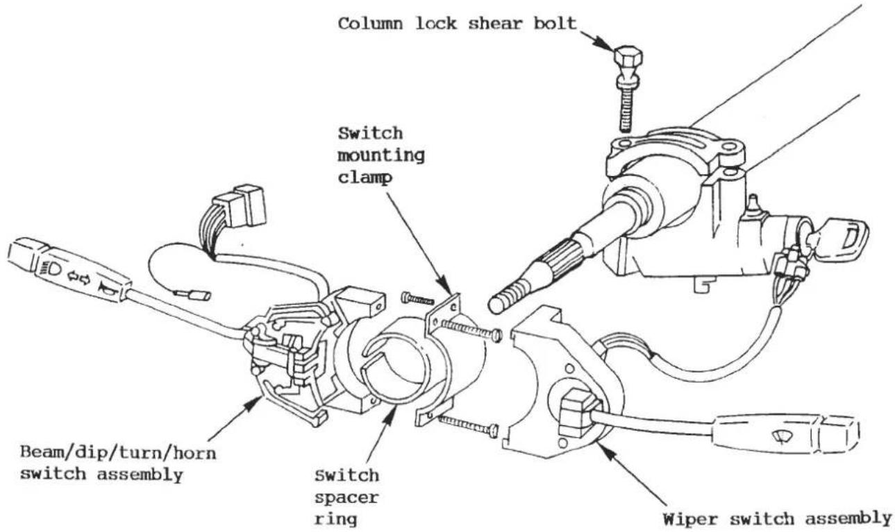 Column lock shear bolt Switch mounting clamp Beam/dip/turn/horn switch assembly switch spacer ring Wiper switch assembly
