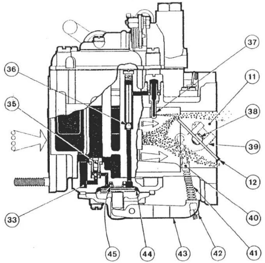 Technical diagram of a mechanical device with numbered components and directional arrows indicating flow or movement.