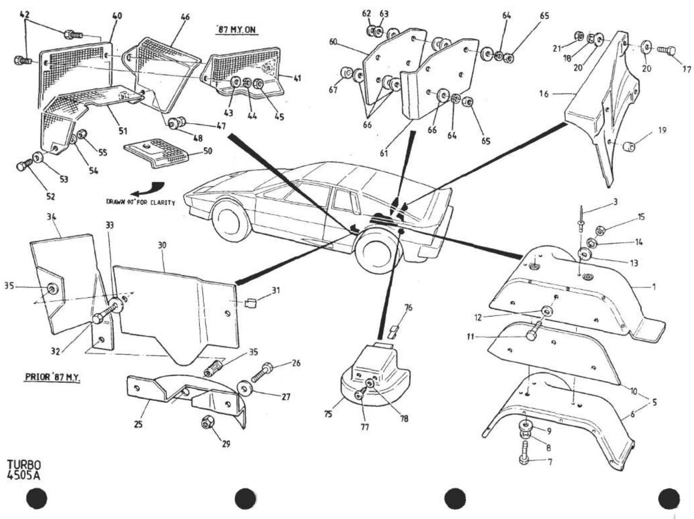 87 M.Y.ON DRAWN 90° FOR CLARITY PRIOR '87 M.Y. TURBO 4505A