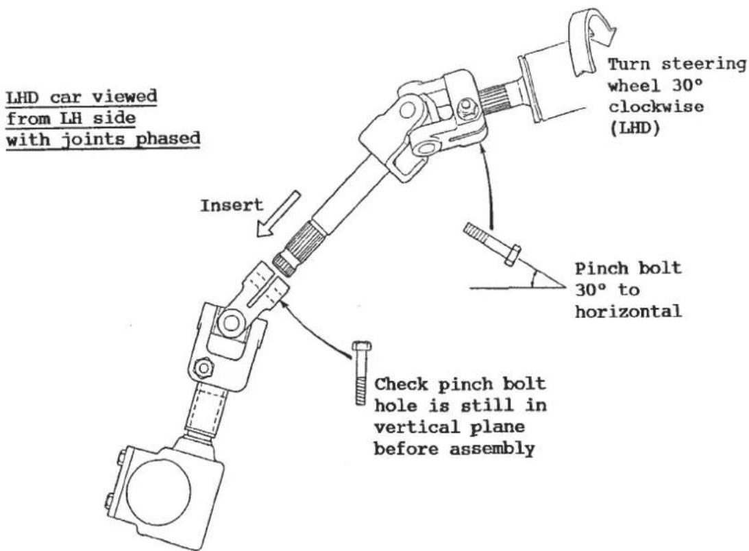LHD car viewed from LH side with joints phased Insert Turn steering wheel 30° clockwise (LHD) Pinch bolt 30° to horizontal Check pinch bolt hole is still in vertical plane before assembly