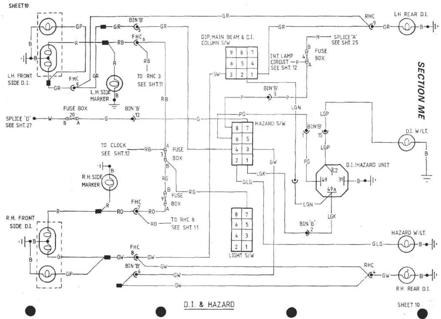 SHEET10 GP B R LH FRONT SIDE D.I. FHC 9 GR L.H. SIDE MARKER G FUSE BOX 20 A G SPLICE 'D' SEE SHT.27 G B A G TO CLOCK SEE SHT.12 R.H. SIDE MARKER R RO FHC 7 RO A R.H. FRONT SIDE D.I. B B G1 GP GW FHC 8 GW BIN 'B' 6 GW BW GR BIN 'B' 5 GR FHC 6 RB RB TB TO RHC 3 SEE SHT.11 GB BIN 'B' 12 A FUSE BOX 3 B…