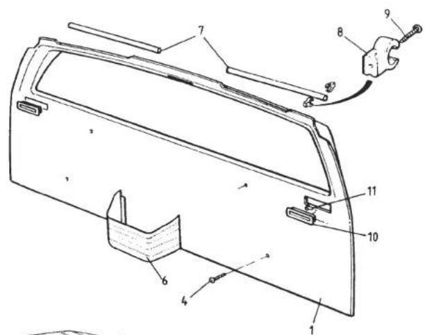Technical diagram of a car door frame with numbered components for identification