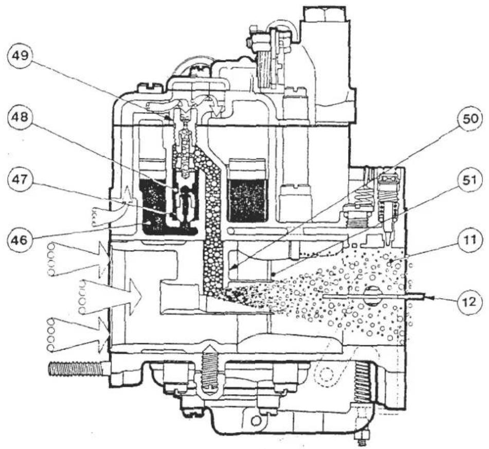Technical diagram of a mechanical device with numbered components and flow indicators
