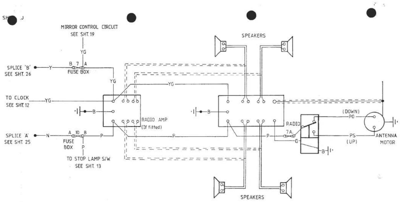 MIRROR CONTROL CIRCUIT SEE SHT.19 YG B 7 A FUSE BOX YG SPLICE 'B' SEE SHT.26 TO CLOCK SEE SHT.12 YG B RADIO AMP (If fitted) SPLICE 'A' SEE SHT.25 N A 10 B P FUSE BOX P TO STOP LAMP S/W SEE SHT.13 SPEAKERS RADIO 7A. G ( DOWN ) PO PS ( UP ) ANTENNA MOTOR B I" SPEAKERS