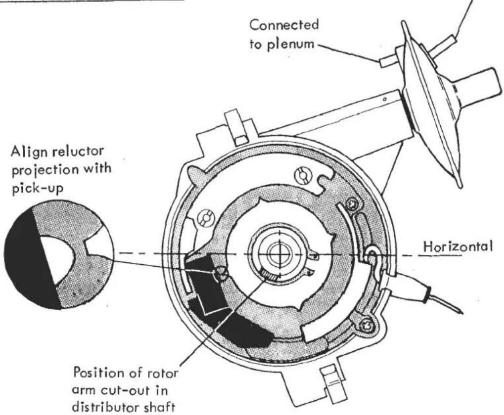 Connected to plenum Align reluctor projection with pick-up Horizontal Position of rotor arm cut-out in distributor shaft