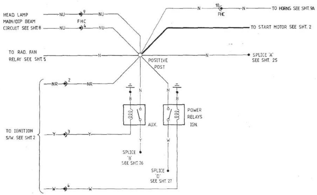 graph TD A["HEAD LAMP"] --> B["NU"] B --> C["9"] C --> D["NU"] D --> E["FHC"] E --> F["NU"] F --> G["4"] G --> H["NU"] H --> I["TO RAD. FAN"] I --> J["RELAY SEE SHT 5"] J --> K["N"] K --> L["POSITIVE POST"] L --> M["N"] M --> N["SPLICE 'A' SEE SHT 25"] L --> O["NR"] O --> P["2"] P --> Q["NR"] Q -->…