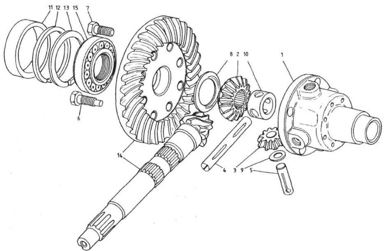 Technical diagram of a mechanical gear assembly with numbered components for identification