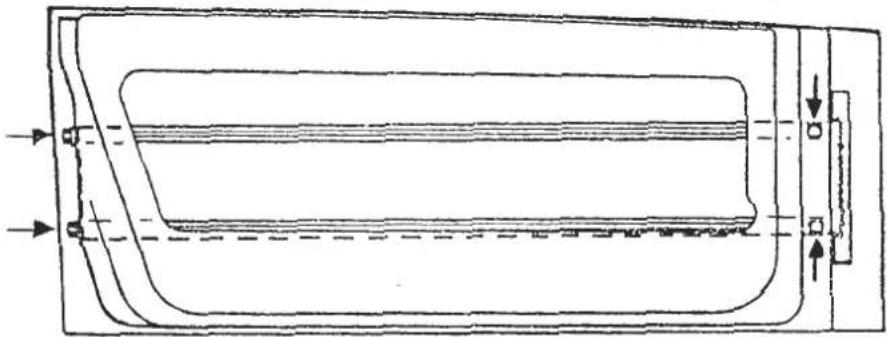 Technical line drawing of a rectangular mechanical component with internal channels and directional arrows (no text or symbols)