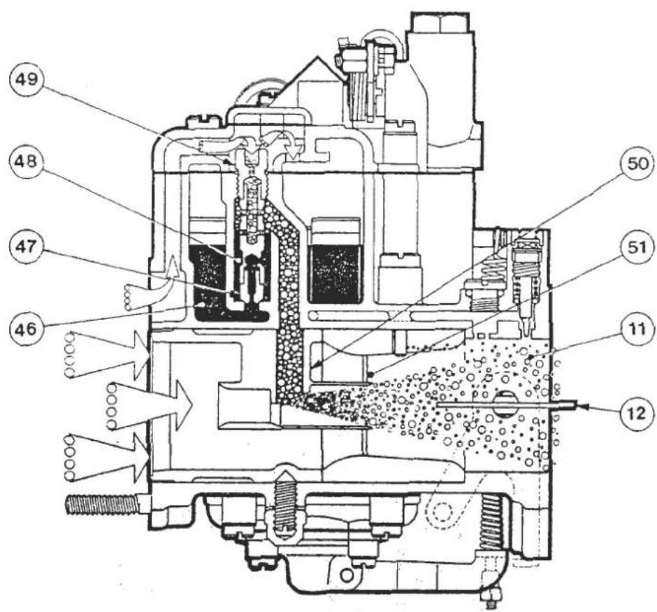 Technical cross-sectional diagram of a mechanical device with numbered components and flow indicators