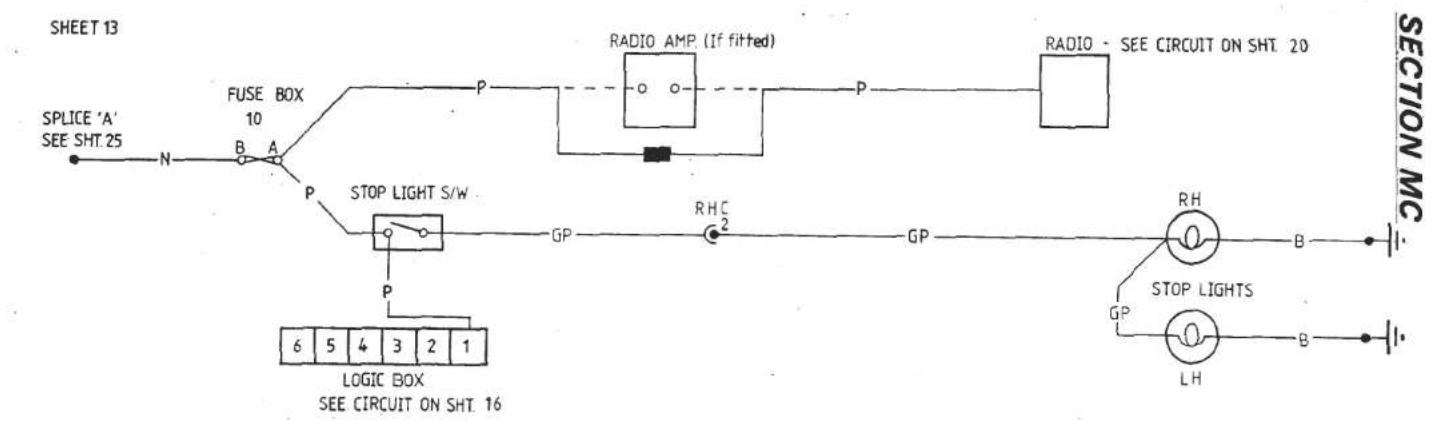 SHEET 13 SPLICE 'A' SEE SHT.25 N FUSE BOX 10 B A P STOP LIGHT S/W P 6 5 4 3 2 1 LOGIC BOX SEE CIRCUIT ON SHT. 16 RADIO AMP (If fitted) P RHC 2 GP RHD STOP LIGHTS GP LH B B RADIO - SEE CIRCUIT ON SHT. 20 SECTION MC