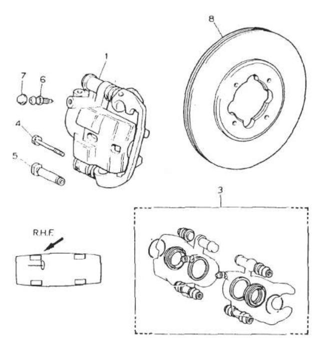 Technical diagram of mechanical assembly with numbered components and a close-up view of the component labeled 'R.H.F.'