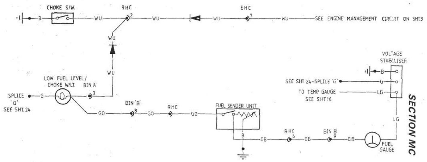 CHOKE S/W. WU RHC 2 WU EHC 7 WU SEE ENGINE MANAGEMENT CIRCUIT ON SHT3 LOW FUEL LEVEL/ CHOKE W/LT. BIN 'A' 3 SPLICE 'G' SEE SHT 24 GO BIN 'B' 8 GO RHC GO FUEL SENDER UNIT B GB RHC 6 GB BIN 'B' 9 GB FUEL GAUGE VOLTAGE STABILISER SEE SHT 24-SPLICE 'G' TO TEMP GAUGE SEE SHT16 LG LG SECTION MC