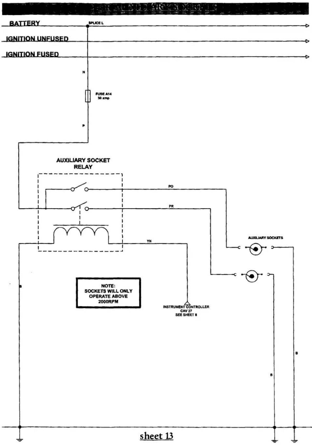 graph TD A["BATTERY"] --> B["SPICE L"] C["IGNITION UNFUSED"] --> D["N"] E["IGNITION FUSED"] --> F["FUSE A14 30 amp"] G["AUXILIARY SOCKET RELAY"] --> H["PO"] G --> I["PR"] G --> J["YN"] K["AUXILIARY SOCKETS"] --> L["INSTRUMENT CONTROLLER CAV 27 SEE SHEET 8"] M["NOTE: SOCKETS WILL ONLY OPERATE ABOVE 2…