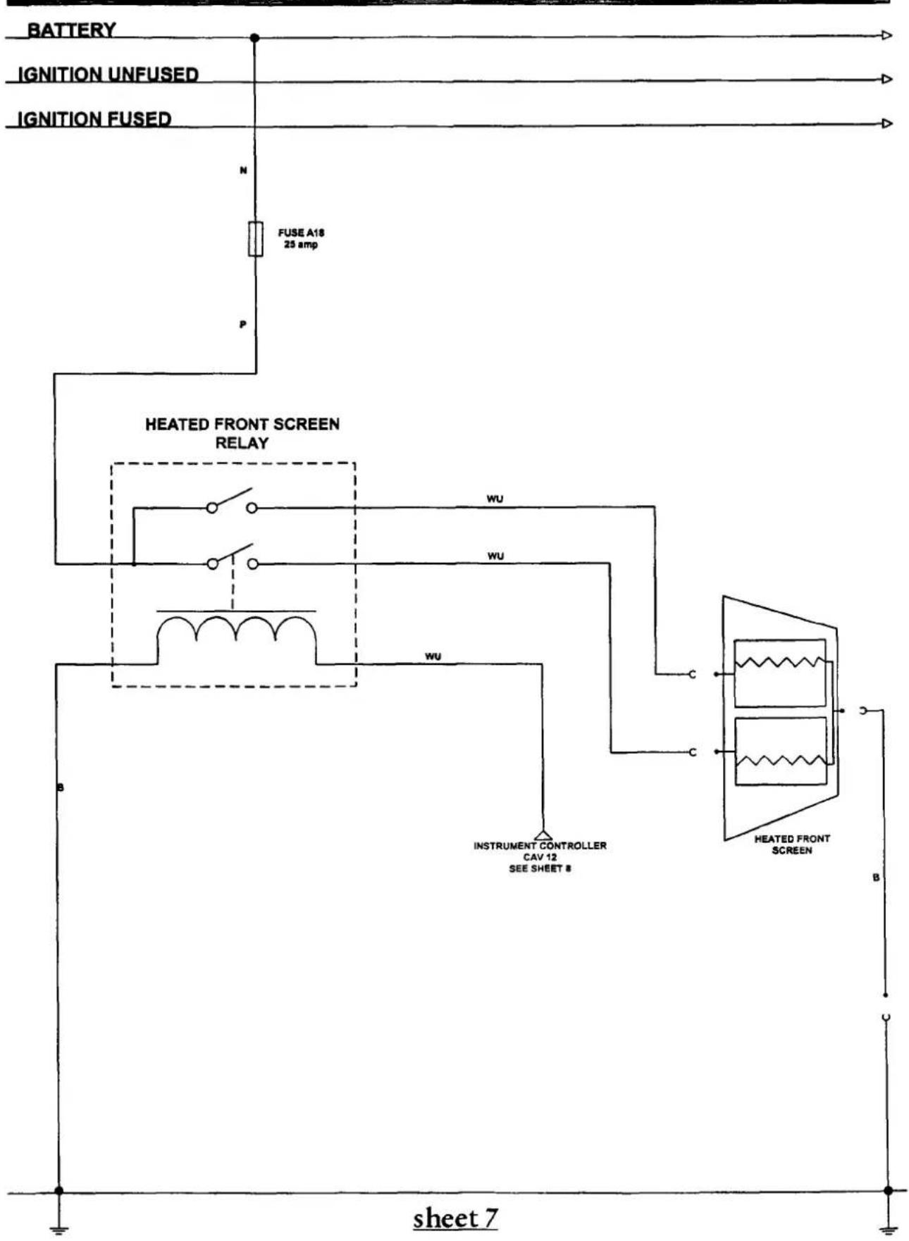 graph TD A["BATTERY"] --> B["IGNITION UNFUSED"] B --> C["IGNITION FUSED"] C --> D["FUSE A18 25 amp"] D --> E["HEATED FRONT SCREEN RELAY"] E --> F["INSTRUMENT CONTROLLER CAV 12 SEE SHEET #"] F --> G["HEATED FRONT SCREEN"] G --> H["B"] style A fill:#f9f,stroke:#333 style B fill:#f9f,stroke:#333 style…