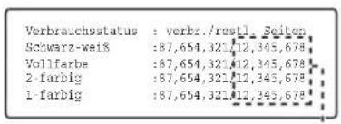 Verbrauchstatus : verbr./rustl. Seiten Schwarz-weiß :87,654,322,12,345,678 Vollfarbe :87,654,322,12,345,678 2-farbig :87,654,322,12,345,678 1-farbig :87,654,322,12,345,678