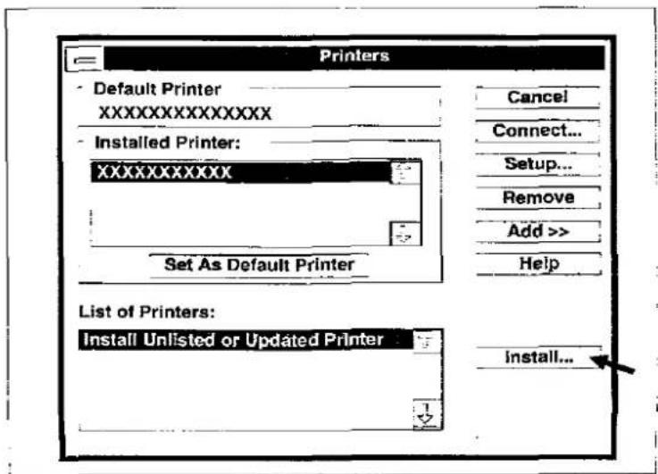 Printers Default Printer XXXXXXXXXXXXX Installed Printer: XXXXXXXXXXXX Set As Default Printer List of Printers: Install Unlisted or Updated Printer Cancel Connect... Setup... Remove Add >> Help Install...