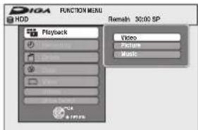 Diga FUNCTION MENU HDD Playback Video Picture Music