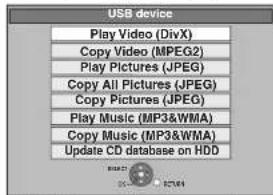 USB device Play Video (DivX) Copy Video (MPEG2) Play Pictures (JPEG) Copy All Pictures (JPEG) Copy Pictures (JPEG) Play Music (MP3&WMA) Copy Music (MP3&WMA) Update CD database on HDD