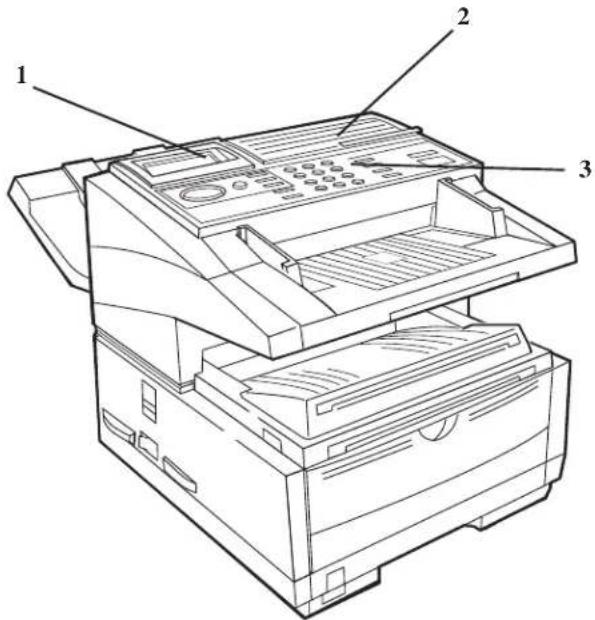 Technical diagram of a printer with labeled parts including front panel, top panel, and side view