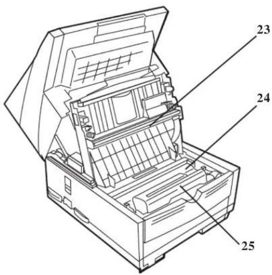 Technical diagram of an open printer with numbered parts labeled 23, 24, and 25