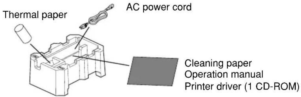 Thermal paper AC power cord Cleaning paper Operation manual Printer driver (1 CD-ROM)