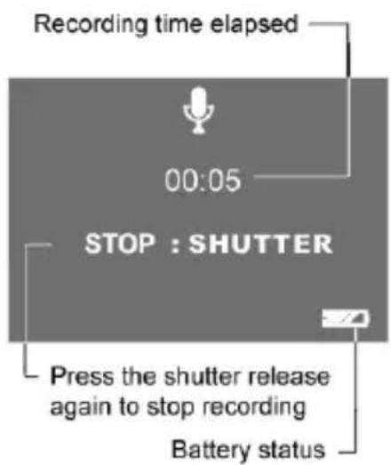 Recording time elapsed 00:05 STOP : SHUTTER Press the shutter release again to stop recording Battery status