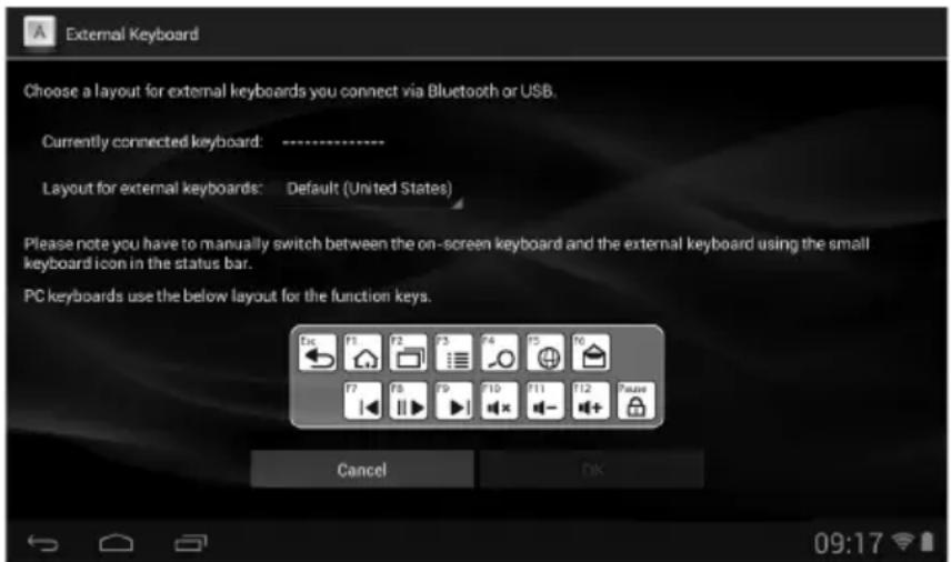 External Keyboard Choose a layout for external keyboards you connect via Bluetooth or USB. Currently connected keyboard: ------------------ Layout for external keyboards: Default (United States) Please note you have to manually switch between the on-screen keyboard and the external keyboard using the small keyboard icon in the status bar. PC keyboards use the below layout for the function keys. Cancel OK