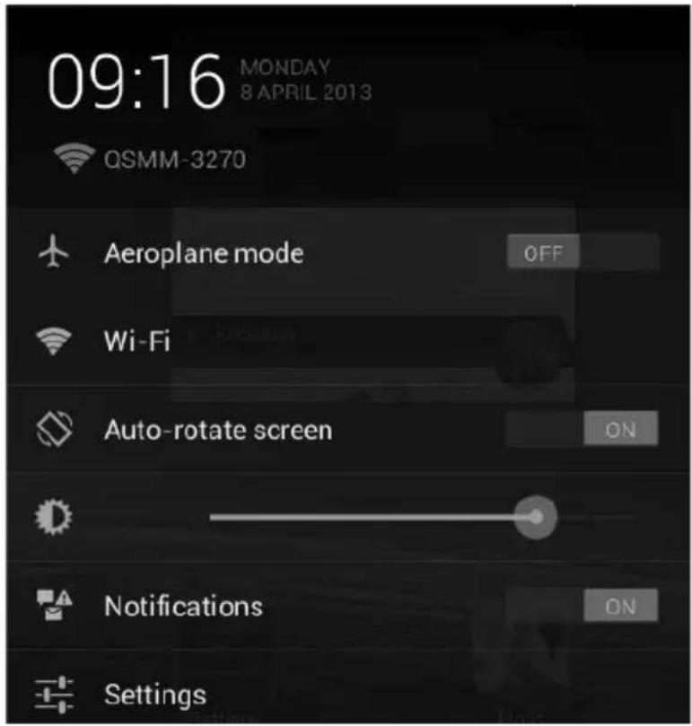 09:16 MONDAY 8 APRIL 2013 QSMM-3270 Aeroplane mode OFF Wi-Fi Auto-rotate screen ON Notifications ON Settings