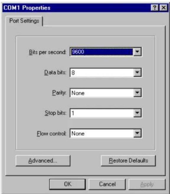 COM1 Properties Port Settings Bits per second: 9600 Data bits: 8 Parity: None Stop bits: 1 Flow control: None Advanced... Restore Defaults OK Cancel Apply