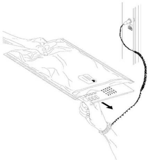 Medical illustration showing a hand holding an IV drip device with a catheter attached, indicating pressure or discharge.