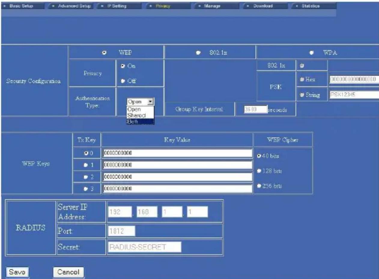 Basic Setup Advanced Setup IP Setting Privacy Manage Download Statistics Security Configuration WEP 802.1x WPA Privacy On Off Authentication Type: Open Open Shared Both Group Key Interval 36.00 seconds PSK Hex PSK12345 WEP Keys Tx Key Key Value WEP Cipher 0 000000000 40 bits 1 000000000 128 bits 2 000000000 256 bits 3 000000000 RADIUS Server IP Address: 192 168 1 1 Port 1812 Secret RADIUS-SECRET Save Cancel
