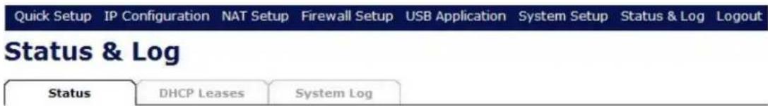 Quick Setup IP Configuration NAT Setup Firewall Setup USB Application System Setup Status & Log Logout Status & Log Status DHCP Leases System Log