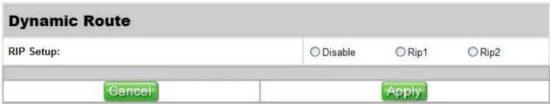 Dynamic Route RIP Setup: ○ Disable ○ Rip1 ○ Rip2 Cancel Apply