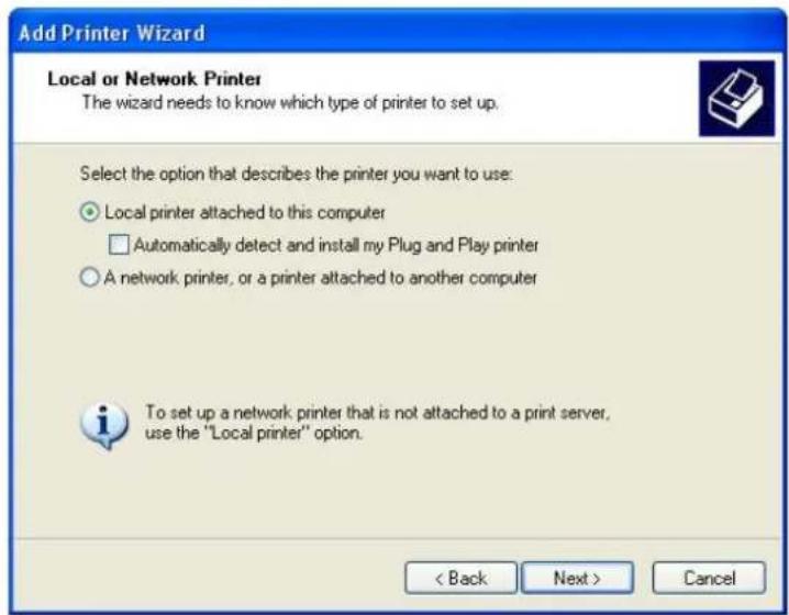 Add Printer Wizard Local or Network Printer The wizard needs to know which type of printer to set up. Select the option that describes the printer you want to use: ○ Local printer attached to this computer □ Automatically detect and install my Plug and Play printer ○ A network printer, or a printer…