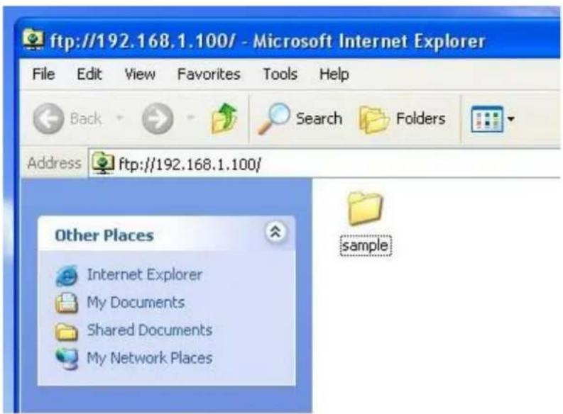 ftp://192.168.1.100/ - Microsoft Internet Explorer File Edit View Favorites Tools Help Back Search Folders Address ftp://192.168.1.100/ Other Places Internet Explorer My Documents Shared Documents My Network Places sample