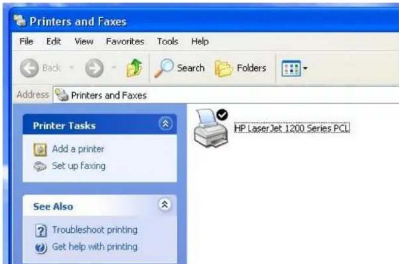 Printers and Faxes File Edit View Favorites Tools Help Back Search Folders Address Printers and Faxes Printer Tasks Add a printer Set up faxing See Also Troubleshoot printing Get help with printing HP LaserJet 1200 Series PCL