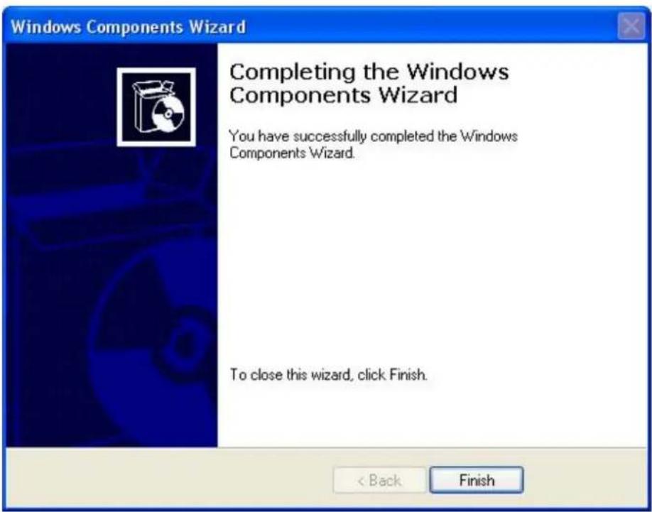 Windows Components Wizard Completing the Windows Components Wizard You have successfully completed the Windows Components Wizard. To close this wizard, click Finish. < Back Finish