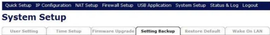 Quick Setup IP Configuration NAT Setup Firewall Setup USB Application System Setup Status & Log Logout System Setup User Setting Time Setup Firmware Upgrade Setting Backup Restore Default Wake On LAN
