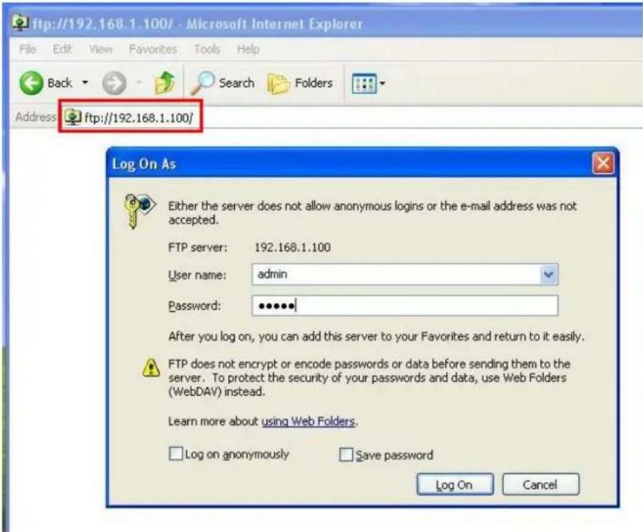 ftp://192.168.1.100/ File Edit View Favorites Tools Help Back Search Folders Address ftp://192.168.1.100/ Log On As Either the server does not allow anonymous logins or the e-mail address was not accepted. FTP server: 192.168.1.100 User name: admin Password: ••••••| After you log on, you can add thi…