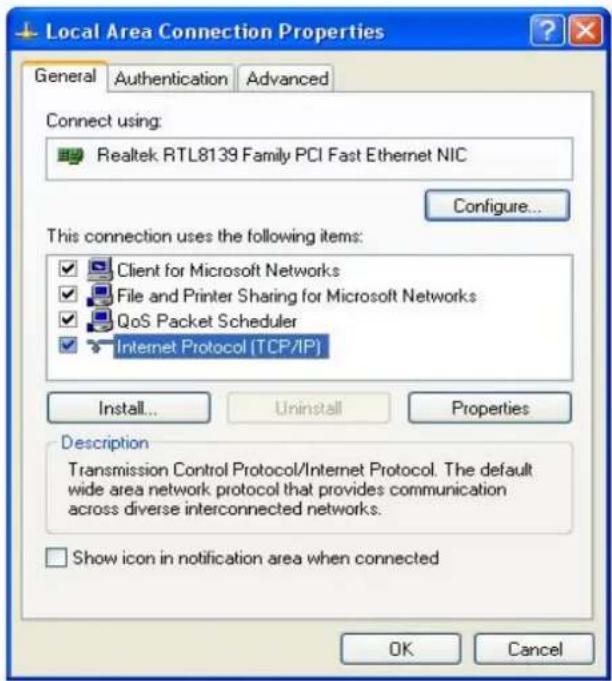 Local Area Connection Properties General Authentication Advanced Connect using: Realtek RTL8139 Family PCI Fast Ethernet NIC Configure... This connection uses the following items: Client for Microsoft Networks File and Printer Sharing for Microsoft Networks QoS Packet Scheduler Internet Protocol (TC…