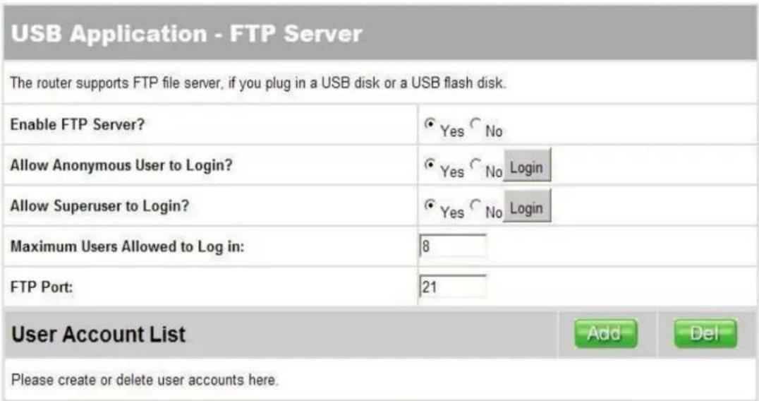 USB Application - FTP Server The router supports FTP file server, if you plug in a USB disk or a USB flash disk. Enable FTP Server? Yes No Allow Anonymous User to Login? Yes No Login Allow Superuser to Login? Yes No Login Maximum Users Allowed to Log in: 8 FTP Port: 21 User Account List Add Del Plea…