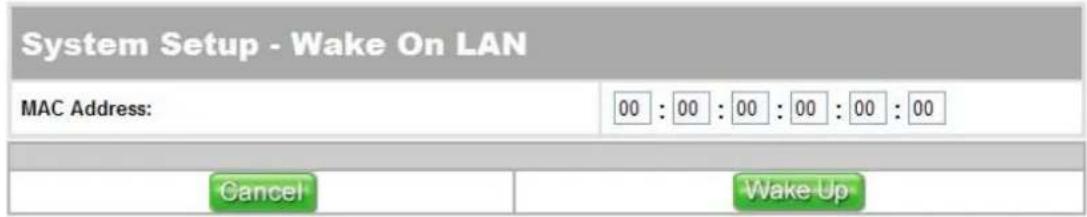System Setup - Wake On LAN MAC Address: 00 : 00 : 00 : 00 : 00 : 00 Cancel Wake Up