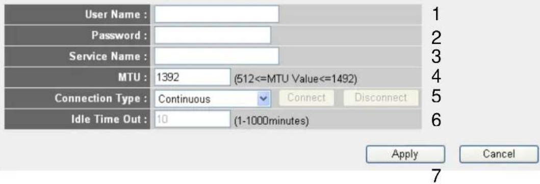 User Name : Password : Service Name : MTU : 1392 (512<=MTU Value<=1492) Connection Type : Continuous Connect Disconnect Idle Time Out : 10 (1-1000minutes) Apply Cancel 7