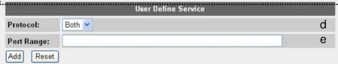 User Define Service Protocol: Both d Port Range: e Add Reset