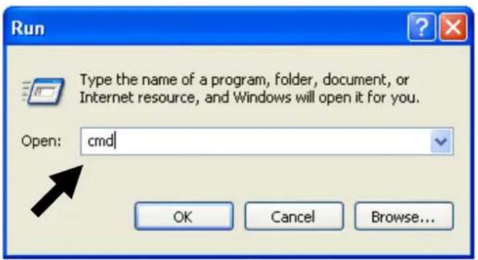 Run Type the name of a program, folder, document, or Internet resource, and Windows will open it for you. Open: cmd OK Cancel Browse...