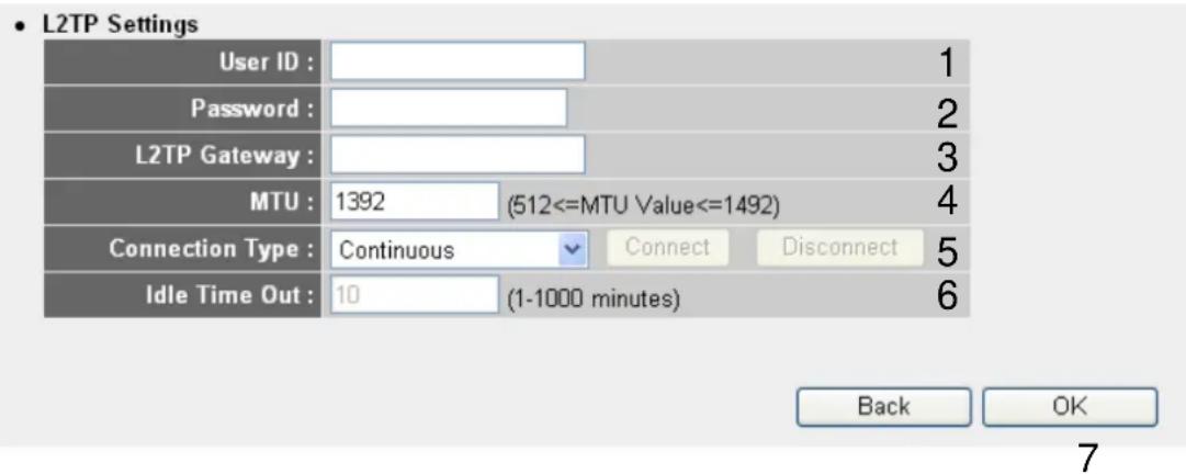 • L2TP Settings User ID : Password : L2TP Gateway : MTU : 1392 (512<=MTU Value<=1492) Connection Type : Continuous Connect Disconnect 5 Idle Time Out : 10 (1-1000 minutes) Back OK 7