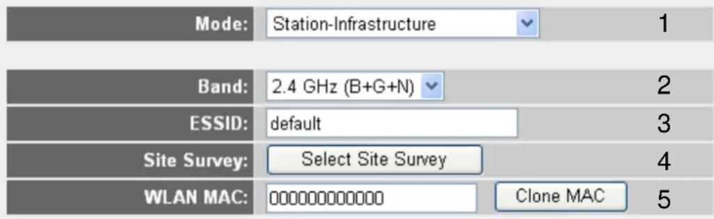 Mode: Station-Infrastructure 1 Band: 2.4 GHz (B+G+N) 2 ESSID: default 3 Site Survey: Select Site Survey 4 WLAN MAC: 0000000000000 Clone MAC 5