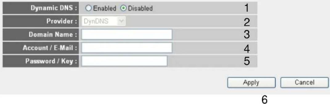 Dynamic DNS : Enabled Disabled 1 Provider : DynDNS 2 Domain Name : 3 Account / E-Mail : 4 Password / Key : 5 Apply Cancel 6
