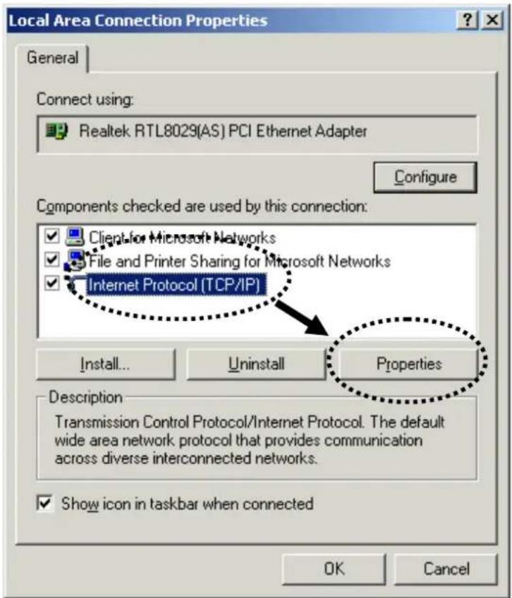 Local Area Connection Properties General Connect using: Realtek RTL8029(AS) PCI Ethernet Adapter Configure Components checked are used by this connection: Client for Microsoft Networks File and Printer Sharing for Microsoft Networks Internet Protocol (TCP/IP) Install... Uninstall Properties Descript…